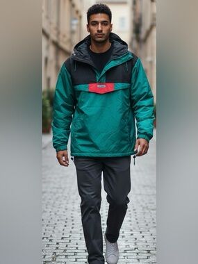 Green and Black Anorak Pullover with Red Accent EUC Size Small Medium NWT